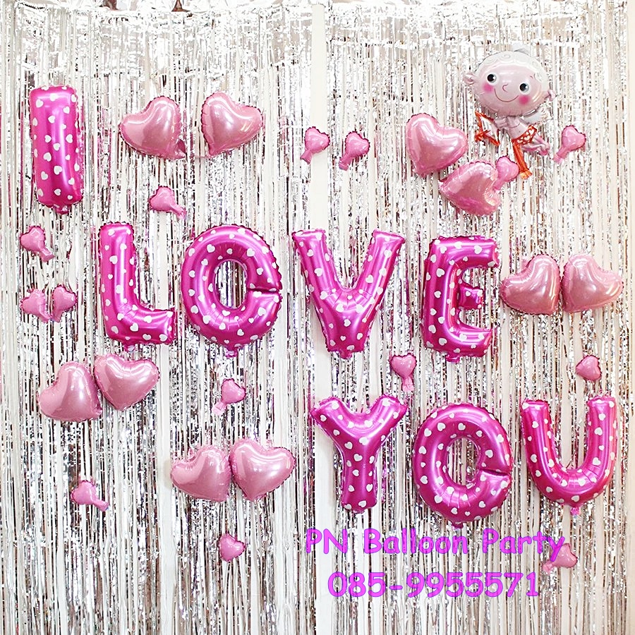 SET ลูกโป่งตัวอักษร I LOVE YOU สีชมพู Pink Alphabet Foil Balloon with Red Heart