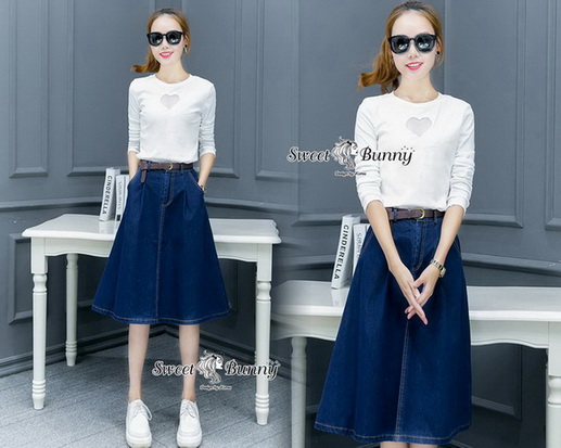 เสื้อผ้ายืดคอตกระโปรงผ้ายีนส์