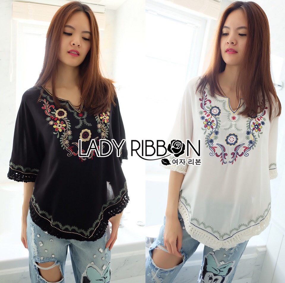 lady Lady Ribbon เสื้อผ้าพร้อมส่ง เสื้อผ้า Lady Ribbon พร้อมส่ง เลดี้ริบบอน 🎀Lady Ribbon's Made🎀 Lady Flora&Fauna Boho Embroidered Blouse