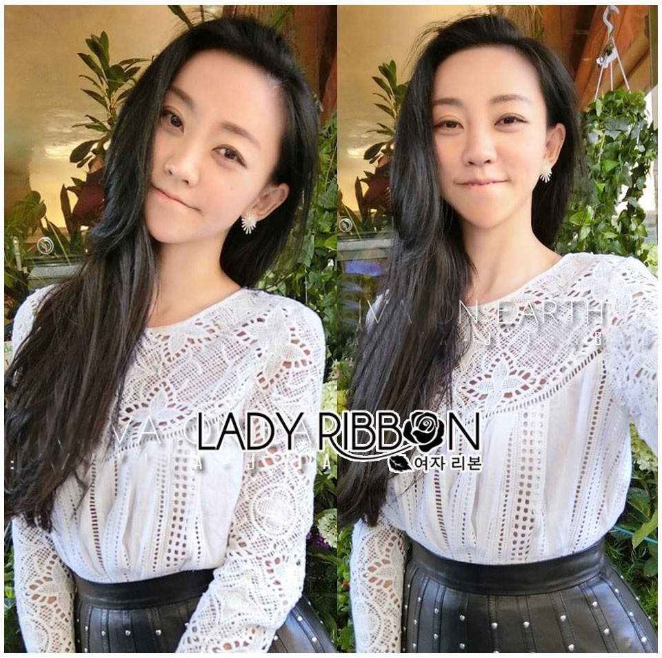 Lady Ribbon's Made Lady Seraphina Sweet Vintage Embroidered Lace and Cotton Blouse เสื้อแขนยาวผ้าลูกไม้ตัดต่อคอตตอนปักลายสีขาวสไตล์วินเทจ