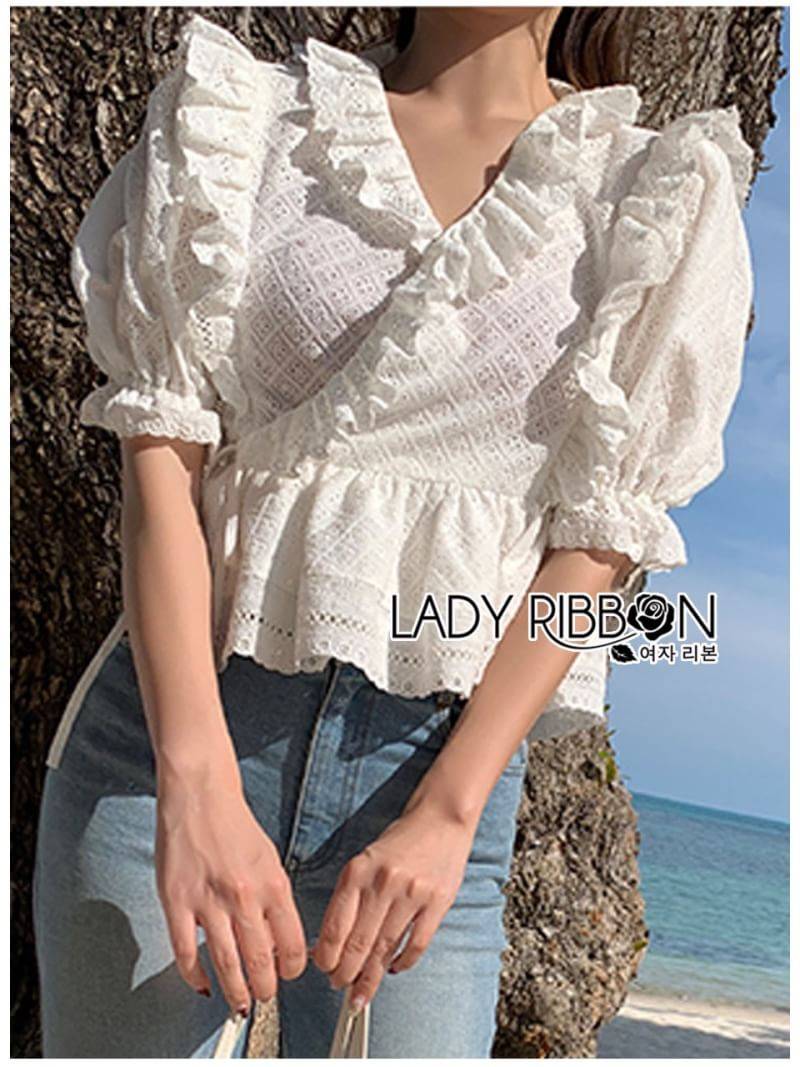 เสื้อผ้าคอตตอนฉลุลายตกแต่งระบายและริบบิ้น