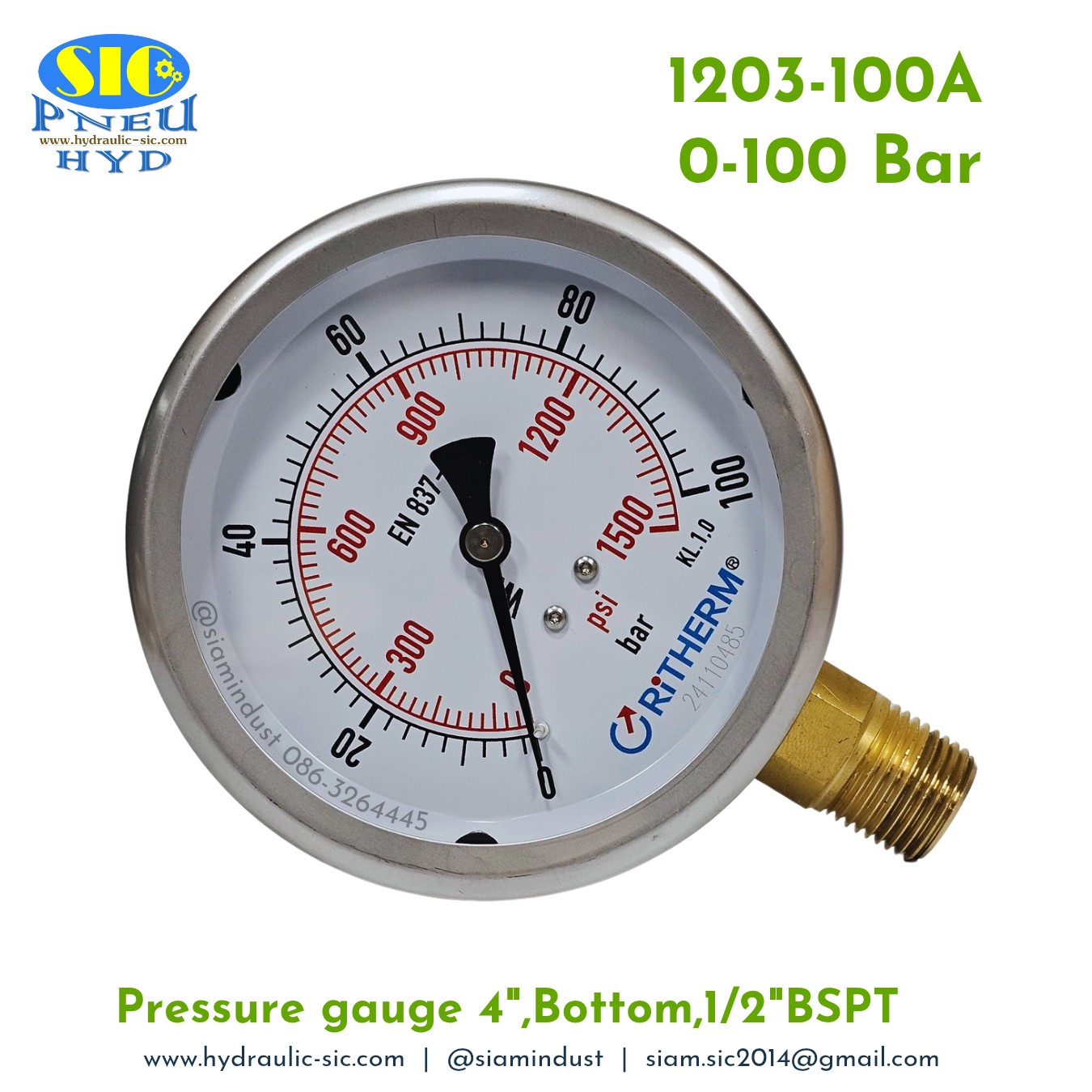 1203-100A Pressure Gauge เกจวัดแรงดันหน้าปัด 4" เกลียว 1/2" BSPT ออกข้าง RiTHERM