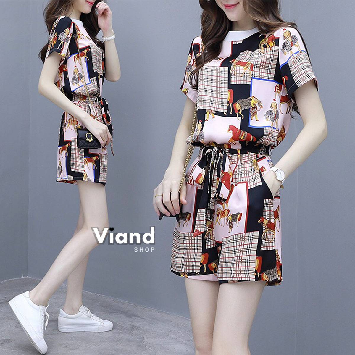 เสื้อทรงใส่สบายกุ้นช่วงคอเชือกผูกเอวค่ากางเกงขาสั้น