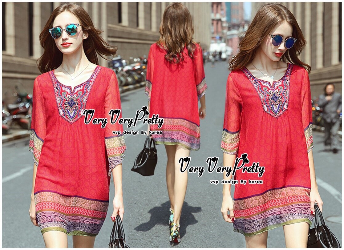 Lady Ribbon Online เสื้อผ้าออนไลน์ ขายส่ง VP01110717 Bohemian Red-Chiffon Colorful beads Embroidery Blouse
