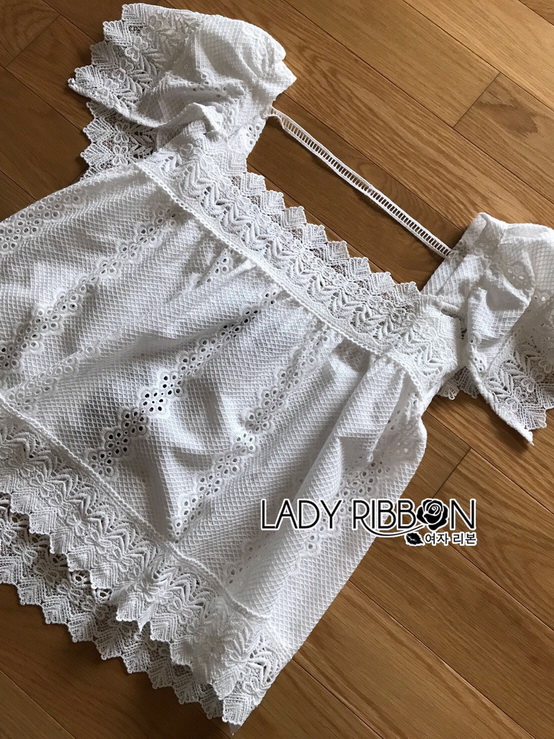 เสื้อแขนระบายผ้าลูกไม้สีขาวสไตล์วินเทจ