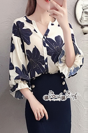 ผ้าชีฟองพิมพ์ลายดอกไม้ใหญ่สีน้ำเงิน