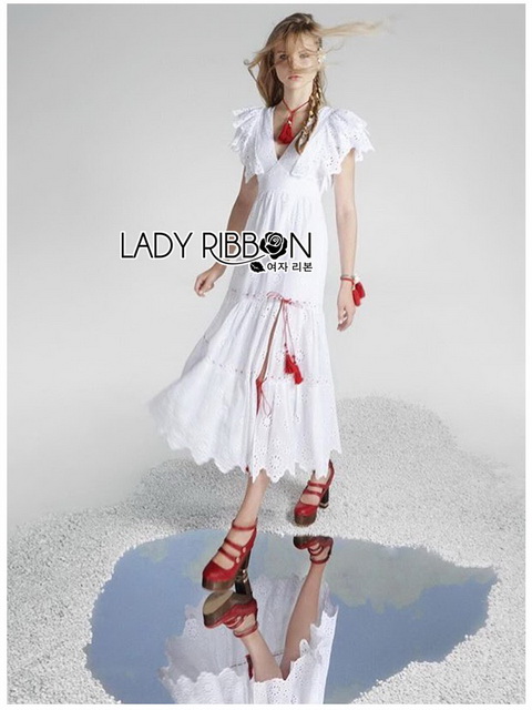 Dress เดรสยาวผ้าคอตตอนสีขาวปักและฉลุลายดอกไม้