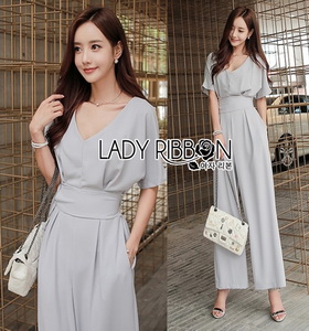 Lady Ribbon Pale-Grey Jumpsuit จัมป์สูทขายาว