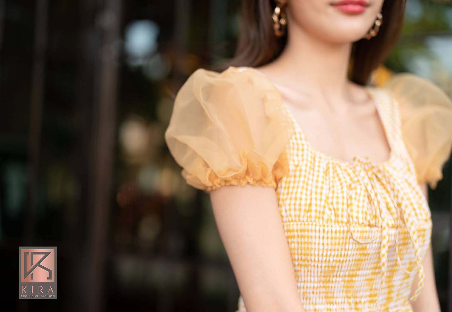 เดรสลายสก็อต แต่งเเขนทรงตุ๊กตา