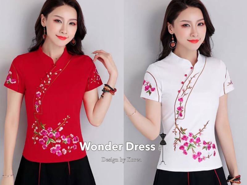 เสื้อคอจีนแขนสั้นสีขาวแดง