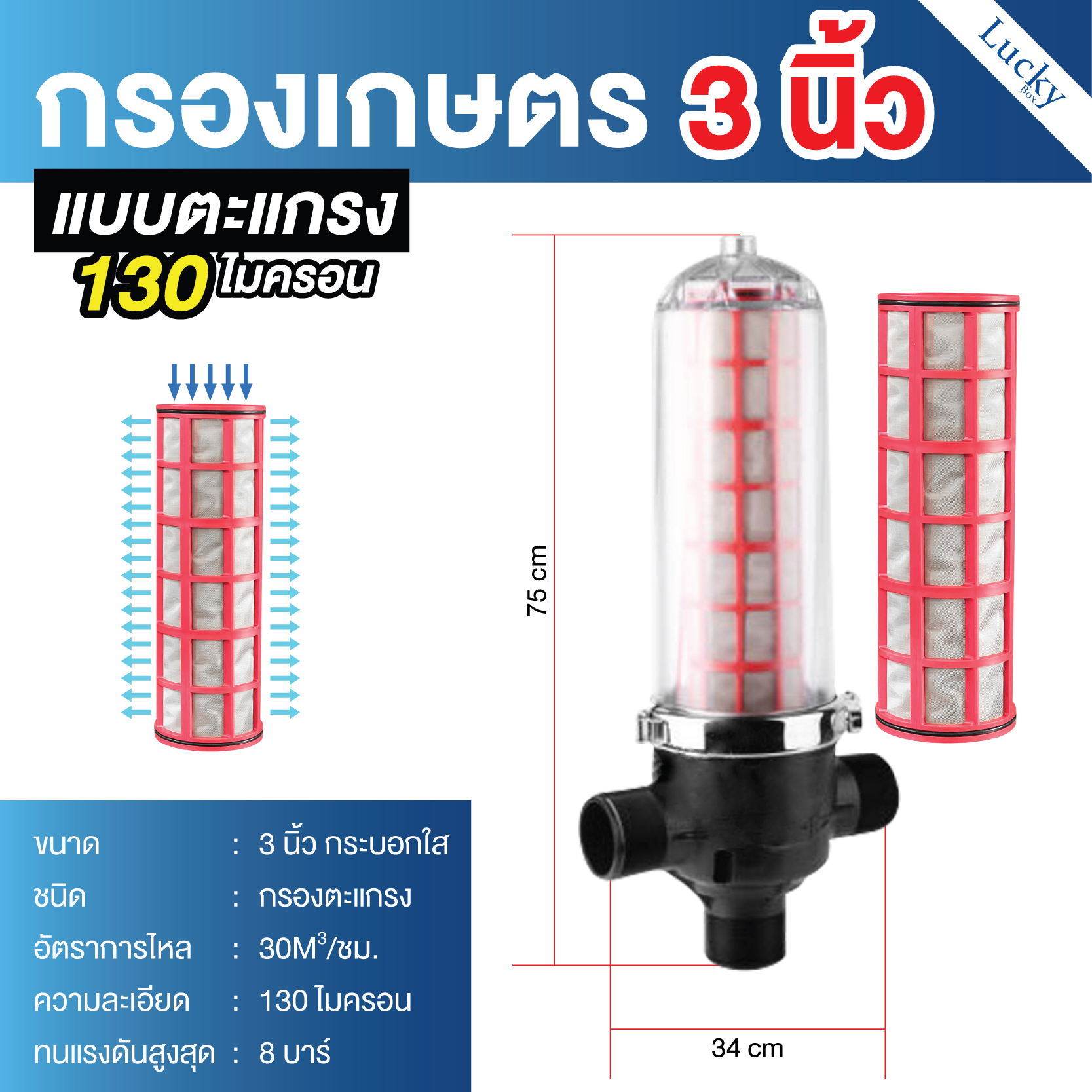 กรองน้ำเกษตรชนิดตะแกรง ขนาด 3 นิ้ว กระบอกใส แรงดันสูงสุด 8 บาร์ แบบยาว GREENSAVE-3" (L)