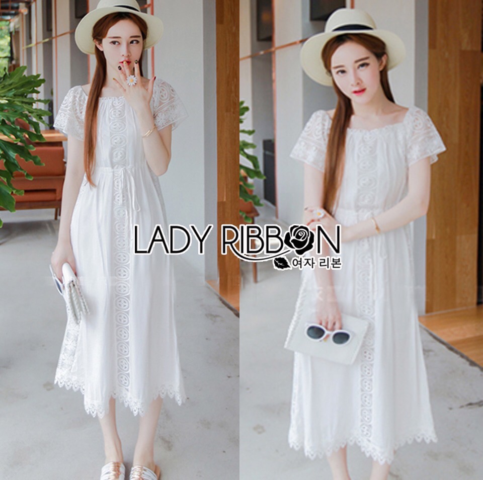 Lady Ribbon Online เสื้อผ้า ออนไลน์ ขายส่ง LR06230616 🎀 Lady Ribbon's Made 🎀 Lady Emilia Bohemian Off-Shoulder Embroidered Cotton Lace Maxi Dress เ