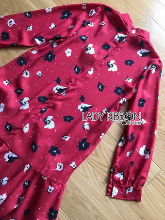 Printed Red Peplum Dress เดรสผ้าเครปสีแดง