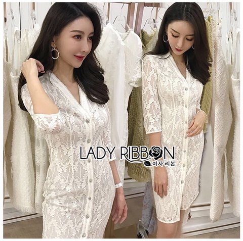 เดรสผ้าลูกไม้สีขาวซับในนู้ดตกแต่งกระดุม