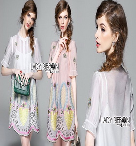 Lady Ribbon Shirt Dress เชิ้ตเดรสปัก ลายสีพาสเทล