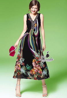 Lady Ribbon Online เสื้อผ้าออนไลน์ ขายส่งของแท้พร้อมส่ง เสื้อผ้า Lavida LV06010816 🍭Korea Design By Lavida boximiya blossom printing crystal decorated maxi dress