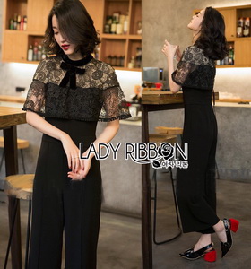 Lady Ribbon Black Jumpsuit จัมป์สูทผ้า