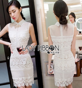 Lady Ribbon Harley Smart Feminine Sleeveless Mixed Lace Shirt Dress