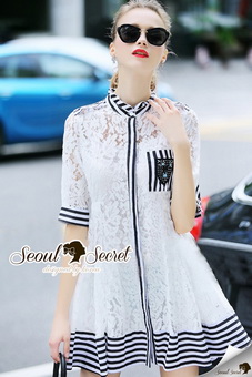 Lady Ribbon Online ขายส่งเสื้อผ้าออนไลน์ เสื้อผ้า Seoul Secret SS15040816 Seoul Secret Say's .... Chic Stripy Rorrah Lace Shirt Dress