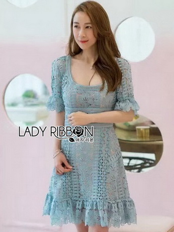Vivid Blue Lace Dress เดรสสั้นผ้าลูกไม้สีฟ้าสด