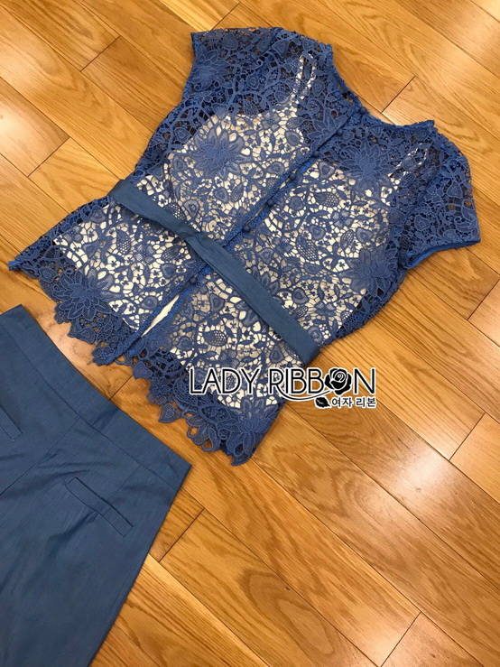 เซ็ตเสื้อผ้าลูกไม้ตกแต่งริบบิ้นพร้อมกางเกงขายาวสีน้ำเงินยีนส์