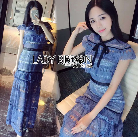 Midi Dress เดรสผ้าลูกไม้สีฟ้าตกแต่งโบว์