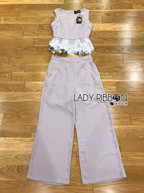 เซ็ตเสื้อแขนกุดทรงคร็อปตกแต่งลูกไม้