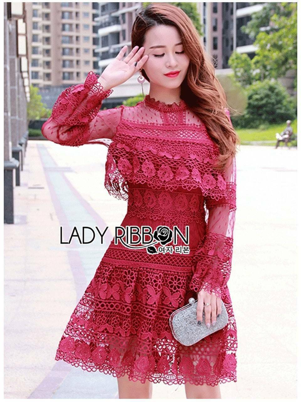 Mini Dress มินิเดรส ผ้าลูกไม้สีแดงตกแต่งระบาย