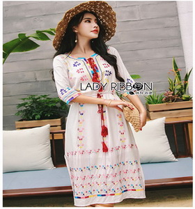 Chic Colorful Embroidered Cotton Lady Ribbon Dress