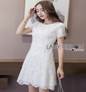 Lady Ribbon Lace Dress เดรสแขนสั้นผ้าลูกไม้สีขาว