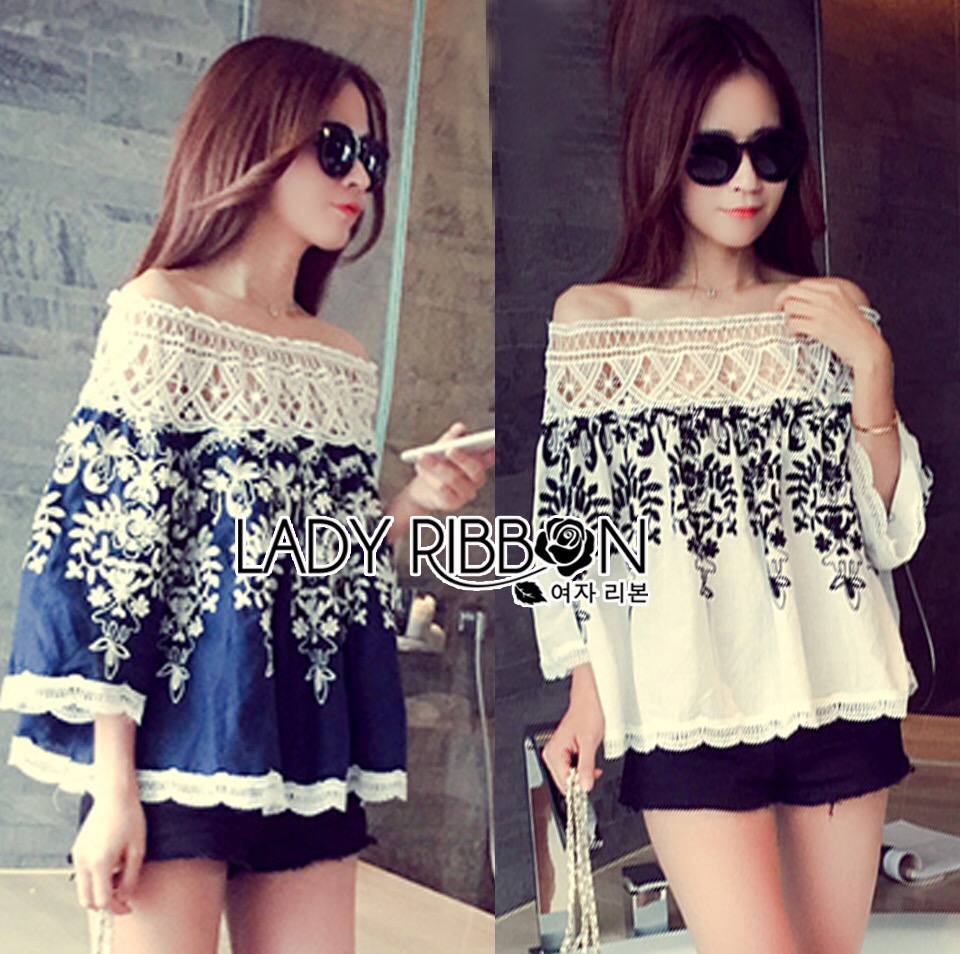ladyribbon Lady Ribbon เสื้อผ้าพร้อมส่ง เสื้อผ้า Lady Ribbon พร้อมส่ง เลดี้ริบบอน Lady Ribbon's Made 🎀 Lady Christine Casual Vintage Cropped Lace Blouse เสื้อผ้าคอตตอ