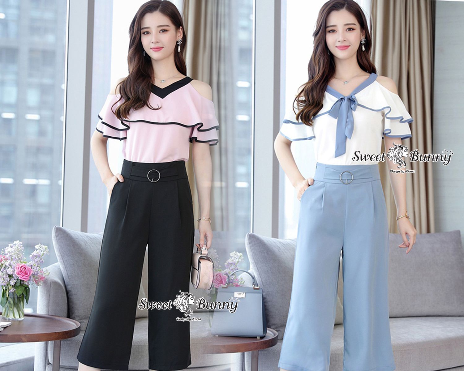 เสื้อคอวีเว้าไหล่ แขนสั้น แขนทำระบายๆ