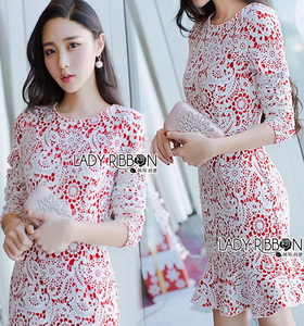 Lady Ribbon Lace and Red Crepe Peplum Dress