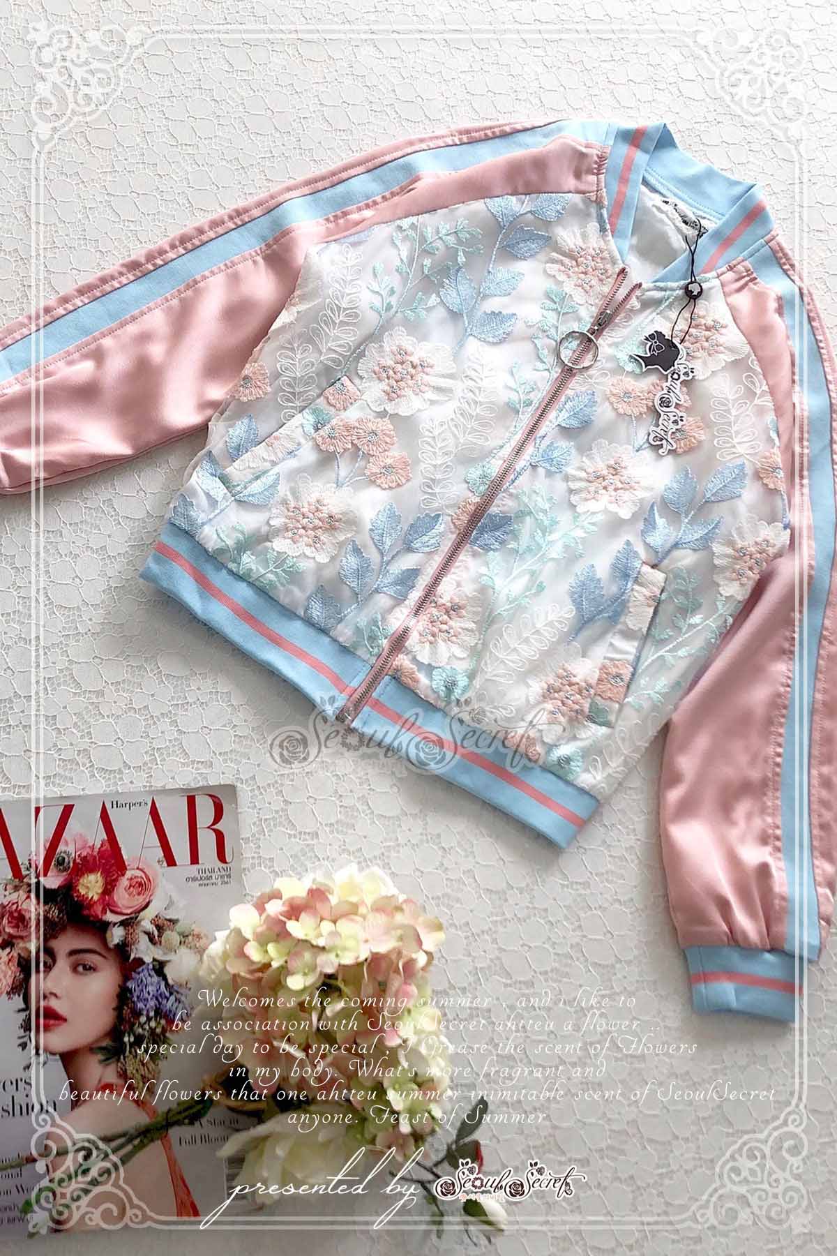 เสื้อ Jacket ผ้าลูกไม้เล่นสีทูโทนสลับฟ้าชมพู
