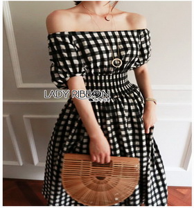 Checked Dress Lady Ribbon ขายเดรสผ้าคอต