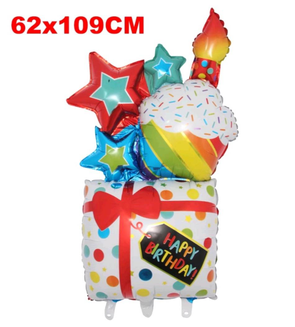 ลูกโป่งวันเกิดกล่องของขวัญและเค้ก Happy Birthday Gift box and cake foil Balloons
