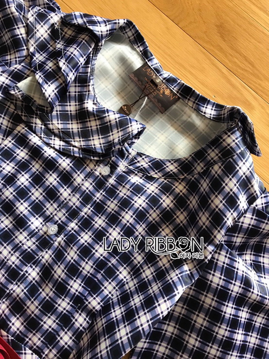 Dress with Red Ribbon เชิ้ตเดรสยาวลายสก็อตสีนํ้าเงิน
