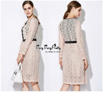Lady Ribbon Online เสื้อผ้าแฟชั่นออนไลน์ขายส่ง เลดี้ริบบอนของแท้พร้อมส่ง Veryverypreppy เสื้อผ้า VP07240716 Luxury Vintage long-sleeved embroidered Flowers Lace Dress