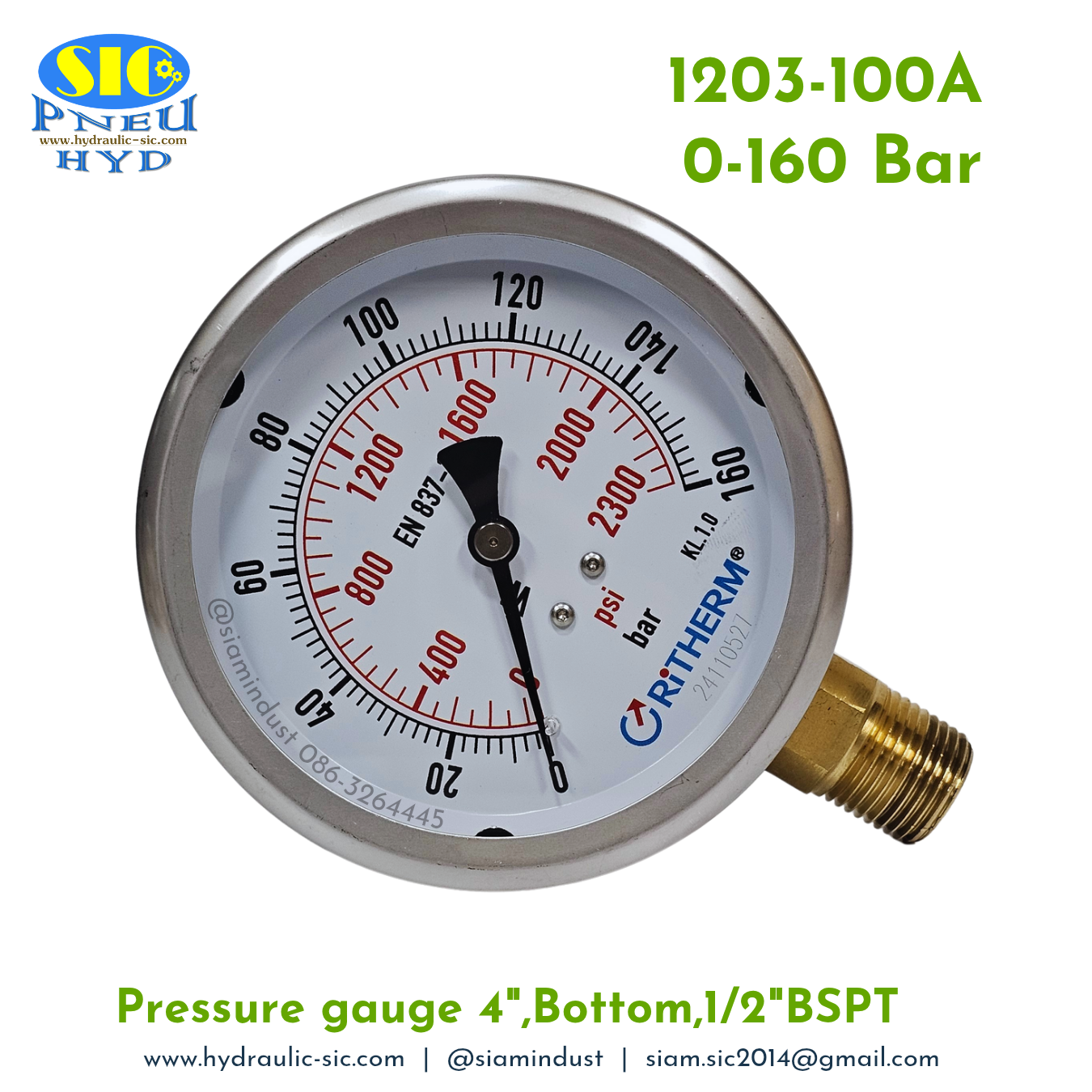 1203-100A Pressure Gauge เกจวัดแรงดันหน้าปัด 4" เกลียว 1/2" BSPT ออกข้าง RiTHERM