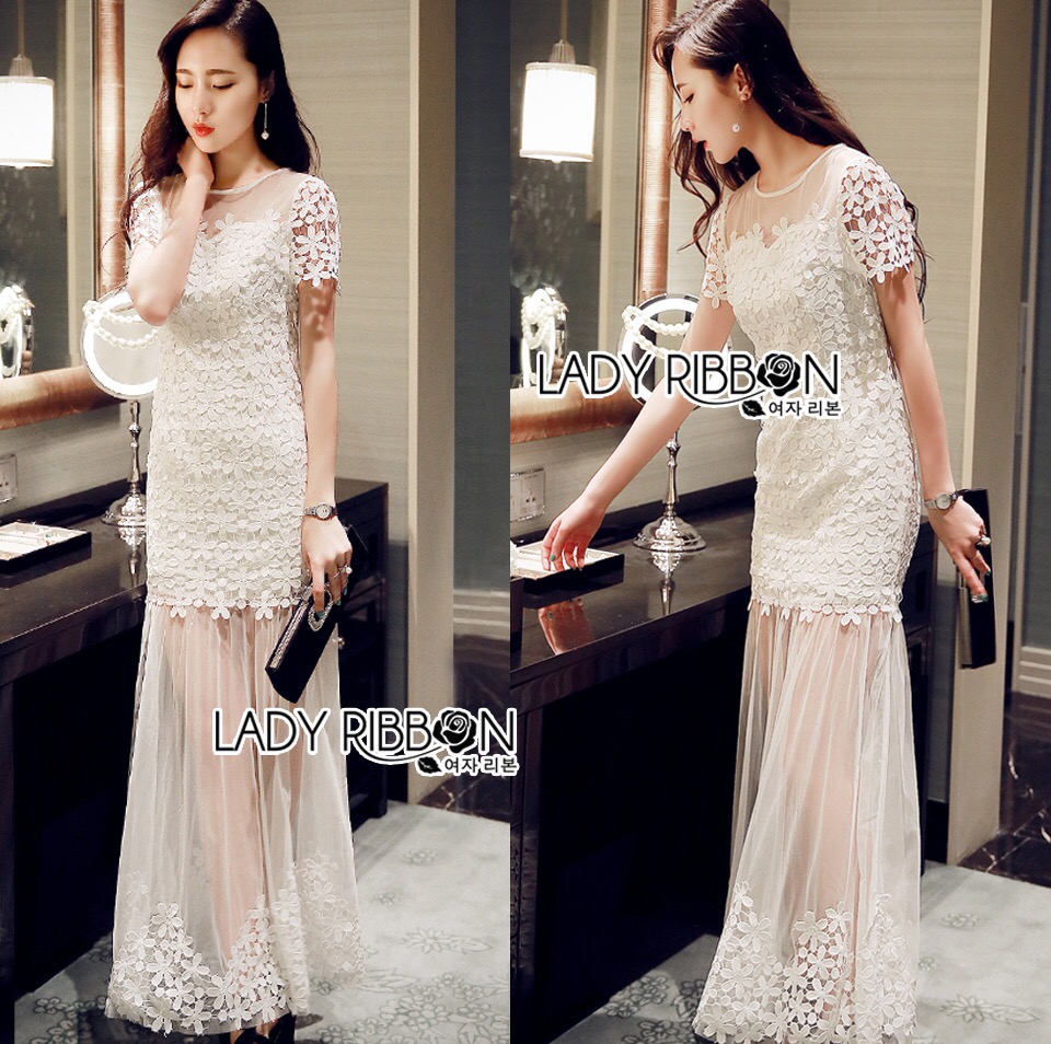 🎀 Lady Ribbon's Made 🎀 Elisa All that Flower Embroidered Tulle Evening Dress เดรสยาวปักประดับดอกไม้สีขาวทั้งตัวและตัดต่อผ้าโปร่ง ตัวนี้เหมาะกับเอาไว้ใส่ออกงาน