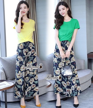 เซตเสื้อ+กางเกง ดีไซน์เสื้อสีพื้นเอวไขว้แขนสั้น