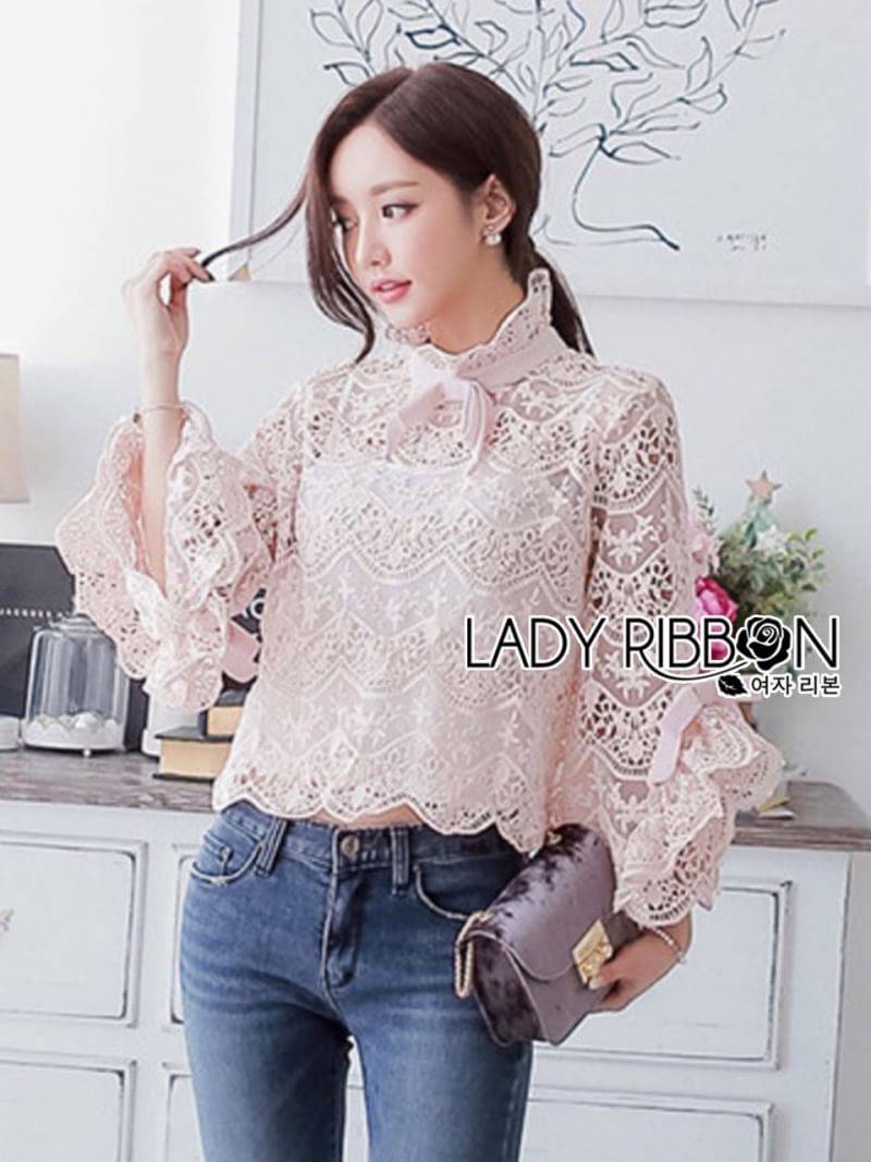 เสื้อลูกไม้สไตล์โมเดิร์นวินเทจ คอประดับโบ