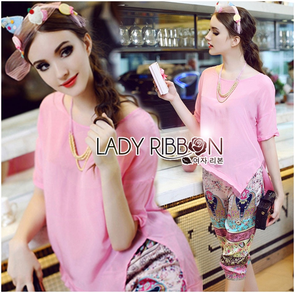 Ladyribbon Lady Ribbon เสื้อผ้าพร้อมส่ง เสื้อผ้า Lady Ribbon พร้อมส่ง เลดี้ริบบอน LR03230216 🎀 Lady Ribbon's Made 🎀 Lady Victoria Baby Pink Chiffon Top and Printed Satin Slouchy Pants with Golden Necklace Set