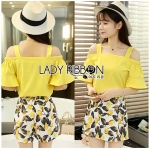 Lady Ribbon Online LR16090616 🎀 Lady Ribbon's Made 🎀 Lady Babara Summer Sunshine Off-Shoulder Top and Printed Skirt Set