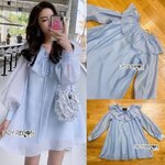 เดรสผ้าออแกนซ่าสีฟ้า สั้นเหนือเข่า