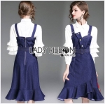 เดรสผ้าเดนิมตกแต่งระบายทับเชิ้ตสีขาว