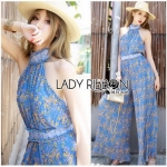 Jumpsuit จัมป์สูทผ้าพลีตสีน้ำเงินพิมพ์ลายทรงเปิดหลัง