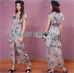 เดรสผ้าเครปสีเทาอ่อนพิมพ์ลายดอกไม้ตกแต่งระบาย