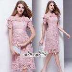 เดรสตัวยาว Style Korea เดรสโทนชมพูหวานๆ ทรงคอกลมตั้ง