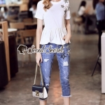 ชุดเซ็ทเสื้อกางเกงยีนส์งานฟอกขาด